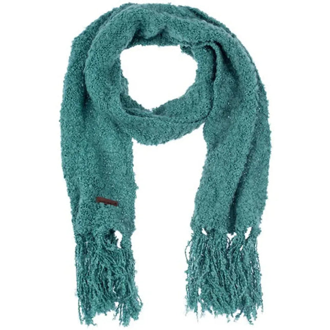 Starling Accessoires damessjaal Lumi 5061 in petrolgroen met zachte boucléstructuur, franjes en een klein bruin label - Jambelles