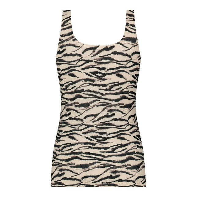Ten Cate Secrets dameshemd 31614 in beige met zwarte zebraprint, brede schouderbandjes en ronde hals. - Jambelles