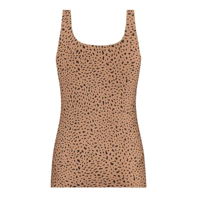 Ten Cate Secrets dameshemd 31614 in beige met zwarte dierenprint, brede bandjes en ronde hals. - Jambelles