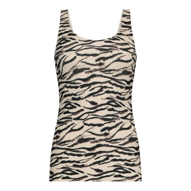 Ten Cate dameshemd Secrets 31614 in beige met zwarte zebraprint, brede schouderbanden en ronde hals. - Jambelles