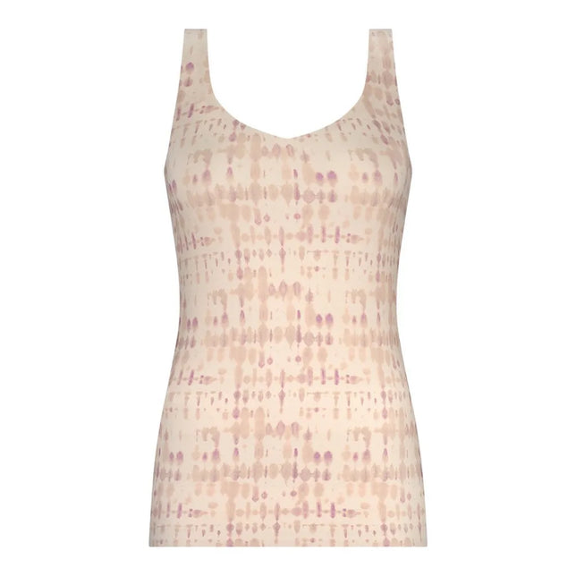 Ten Cate dameshemd Secrets 31614 in lichtbeige, mouwloos met brede bandjes, V-hals en roze abstract stippenpatroon. - Jambelles