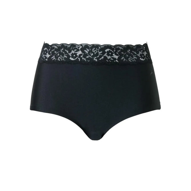 Zwarte Ten Cate Dames Slip Secrets high waist brief 31913 met brede tailleband van gebloemd kant. - Jambelles