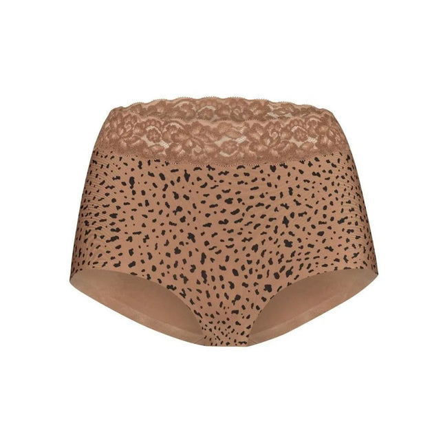 Ten Cate Secrets dames tailleslip 31913 in bruin met zwarte stippenprint en brede kanten tailleband. - Jambelles