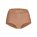 Ten Cate Secrets high-waist damesslip in bruin met zwarte dierenprint en brede kanten tailleband, achteraanzicht. - Jambelles