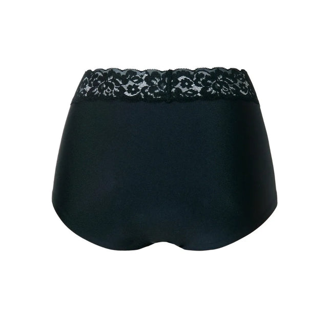 Achteraanzicht van zwarte Ten Cate Secrets dames tailleslip 31913 met brede kanten tailleband. - Jambelles