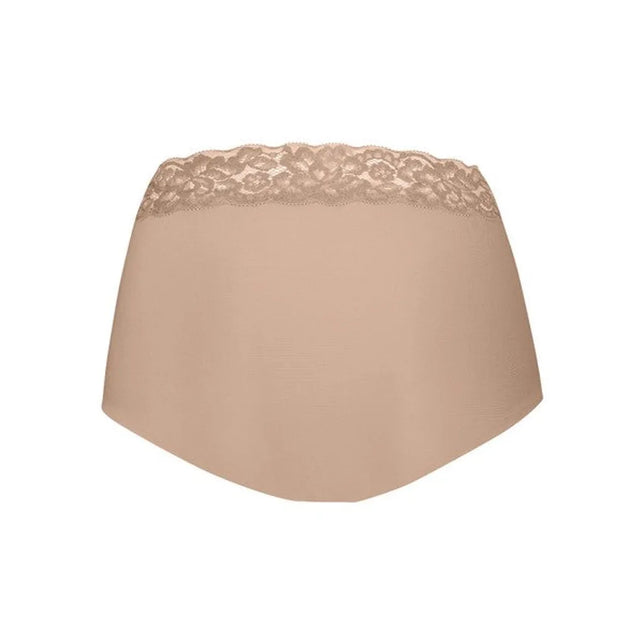 Beige Ten Cate Secrets dames high waist slip 31913, achteraanzicht met brede kanten tailleband en gladde stof. - Jambelles