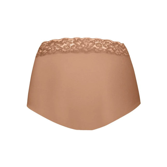 Ten Cate Dames Slip Secrets high-waist brief 31913 in beige, achterzijde met brede kanten tailleband. - Jambelles