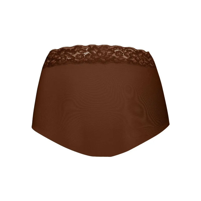 Bruine Ten Cate Secrets high waist damesslip 31913 met brede kanten tailleband, achteraanzicht. - Jambelles