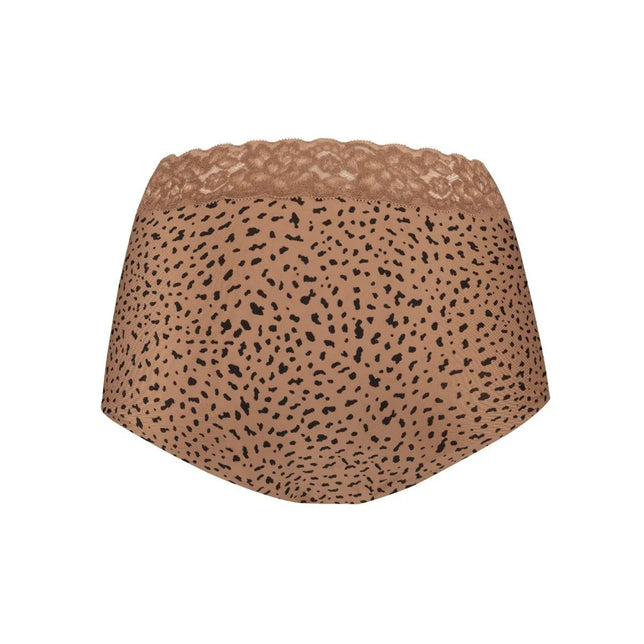 Ten Cate Secrets high-waist damesslip in bruin met zwarte dierenprint en brede kanten tailleband, achteraanzicht. - Jambelles