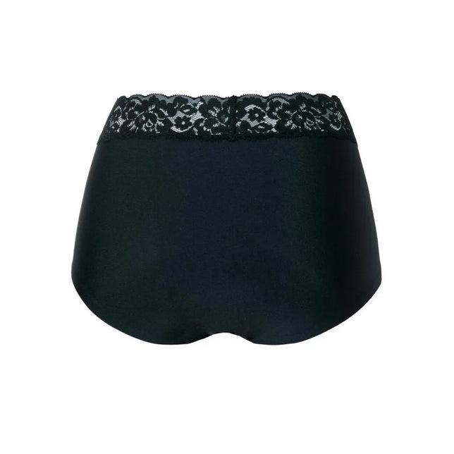 Zwarte Ten Cate Secrets dames high waist slip 31913 met brede kanten tailleband, achteraanzicht. - Jambelles