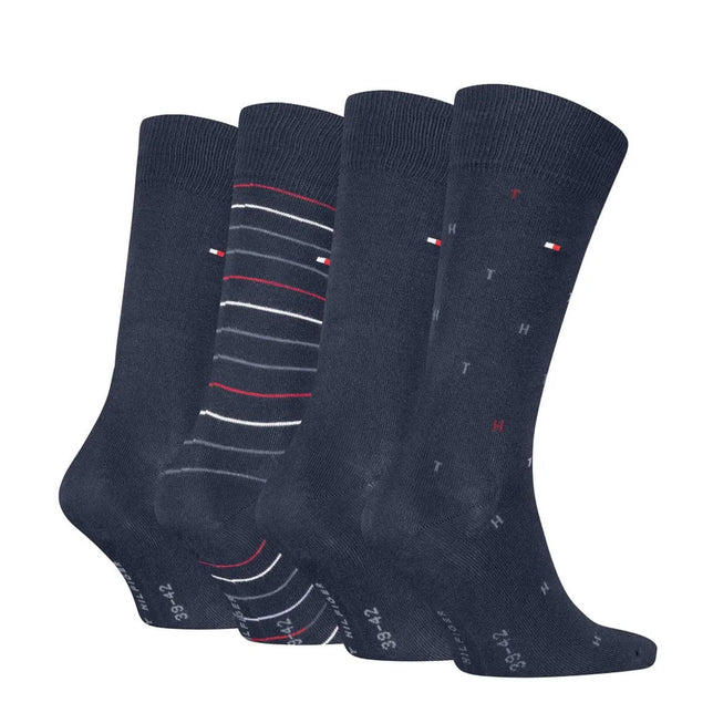 Tommy Hilfiger heren sokken 4-pack in donkerblauw, met strepen, TH-initialen en vlaglogo's. - Jambelles
