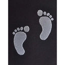 Detail van zwarte Wolford Maternity Treasure dameslegging met twee grijze babyvoetafdrukken. - Jambelles