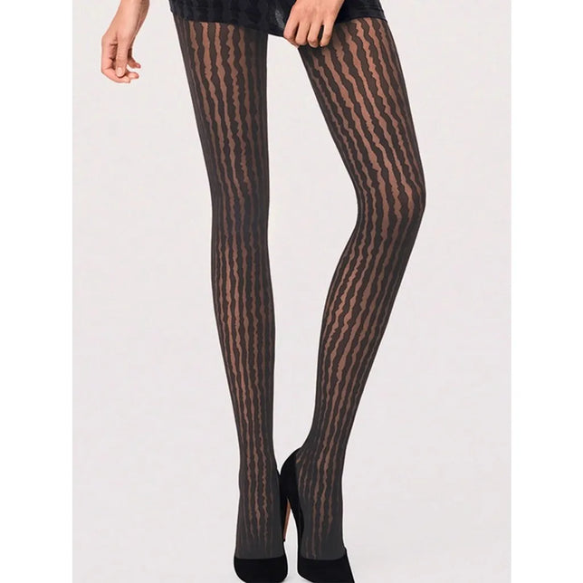 Wolford Dames Panty Stripes Tights 14608 in zwart, transparant met golvende verticale strepen. - Jambelles