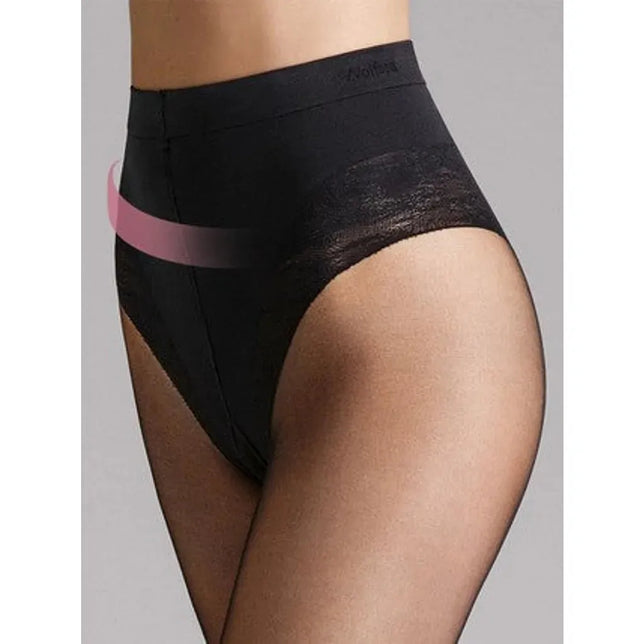 Wolford Dames Panty Tummy 20 Control Top 18517 in zwart, met hoge taille, subtiel dessin en roze banddetail. - Jambelles