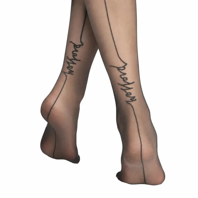 Wolford Logo Script Backseam herenpanty in transparant zwart, met achternaad en scriptlogo op beide kuiten. - Jambelles