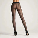 Zwarte transparante Wolford herenpanty met achternaad en Wolford-logo in sierlijk schrift op de kuiten. - Jambelles