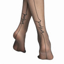 Zwarte transparante Wolford herenpanty met achternaad en Wolford-logo in sierlijk schrift op de kuiten. - Jambelles