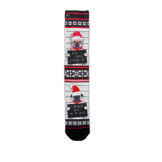 Xpooos Xmas Dear Santa fantasysok voor dames en heren, zwart-wit-rood met honden in kerstmuts en sneeuwvlokpatronen. - Jambelles